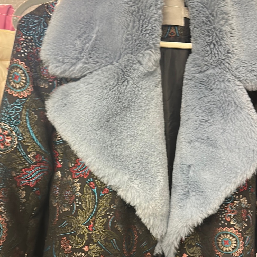 Elegant baby Blue faux fur neck and cuffs Patterned Women's Coat midi size 0 - Picture 3 of 10